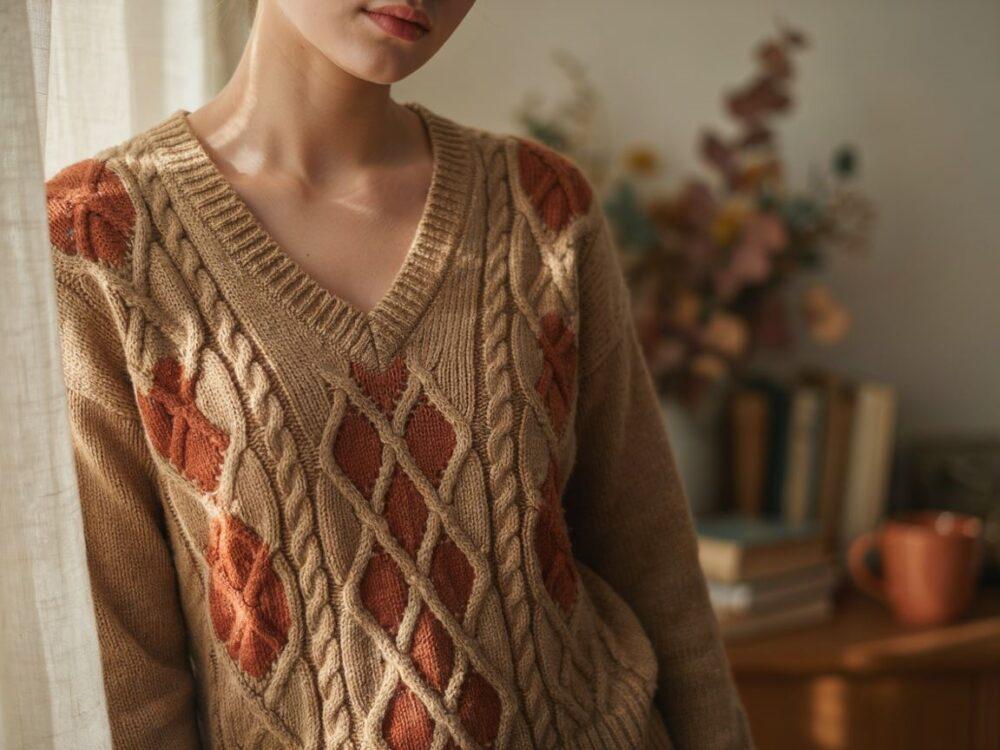Sweter z dekoltem w serek w romby jak nosić i stylizować na każdą okazję