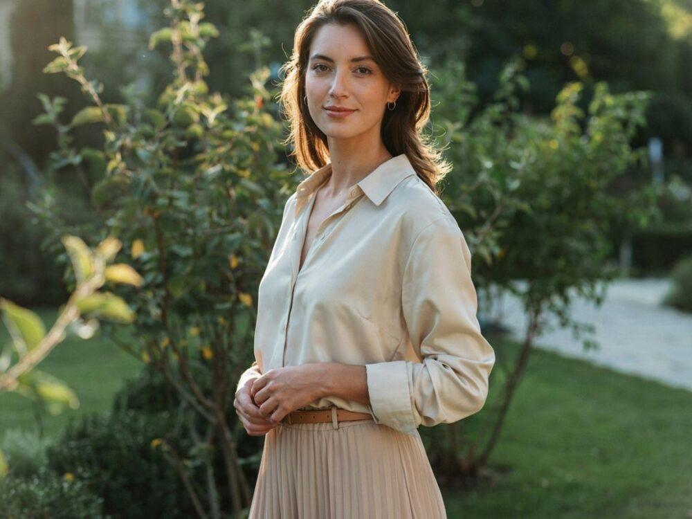 modna bluzka do beżowej spódnicy