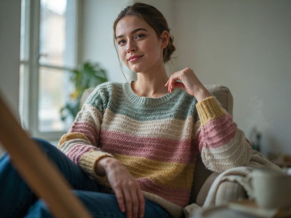 Sweter z okrągłym dekoltem w paski jak nosić i stylizować na co dzień